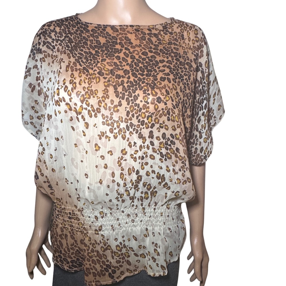 American Rag Cie Women's XS Cheetah Print Dolman Sleeve‎ Smocked Waist Blouse